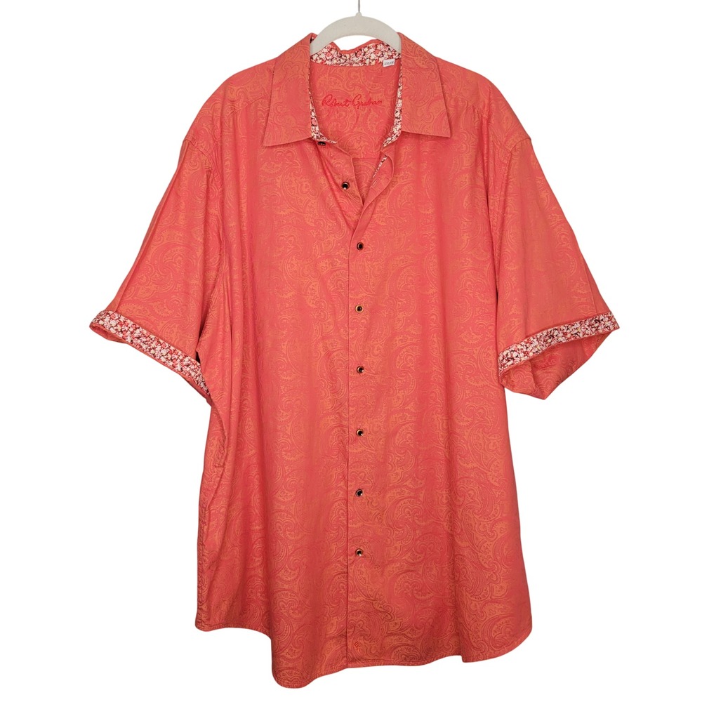 Robert Graham Mens 2XL Orange Textured Jacquard Short Sleeve Button Down Shirt